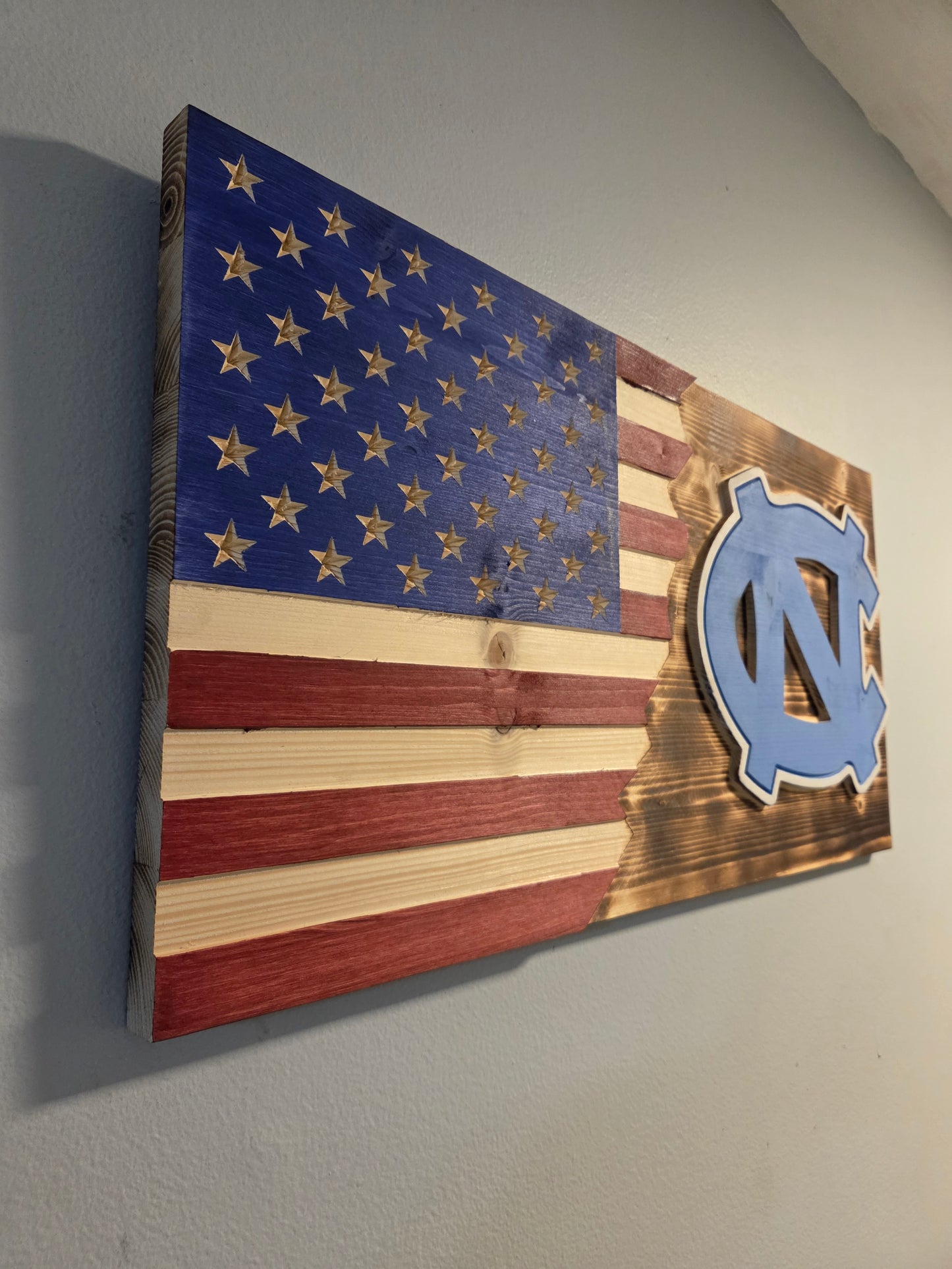 UNC Tar Heels Custom Wood American Flag - Rustic North Carolina Wall Art