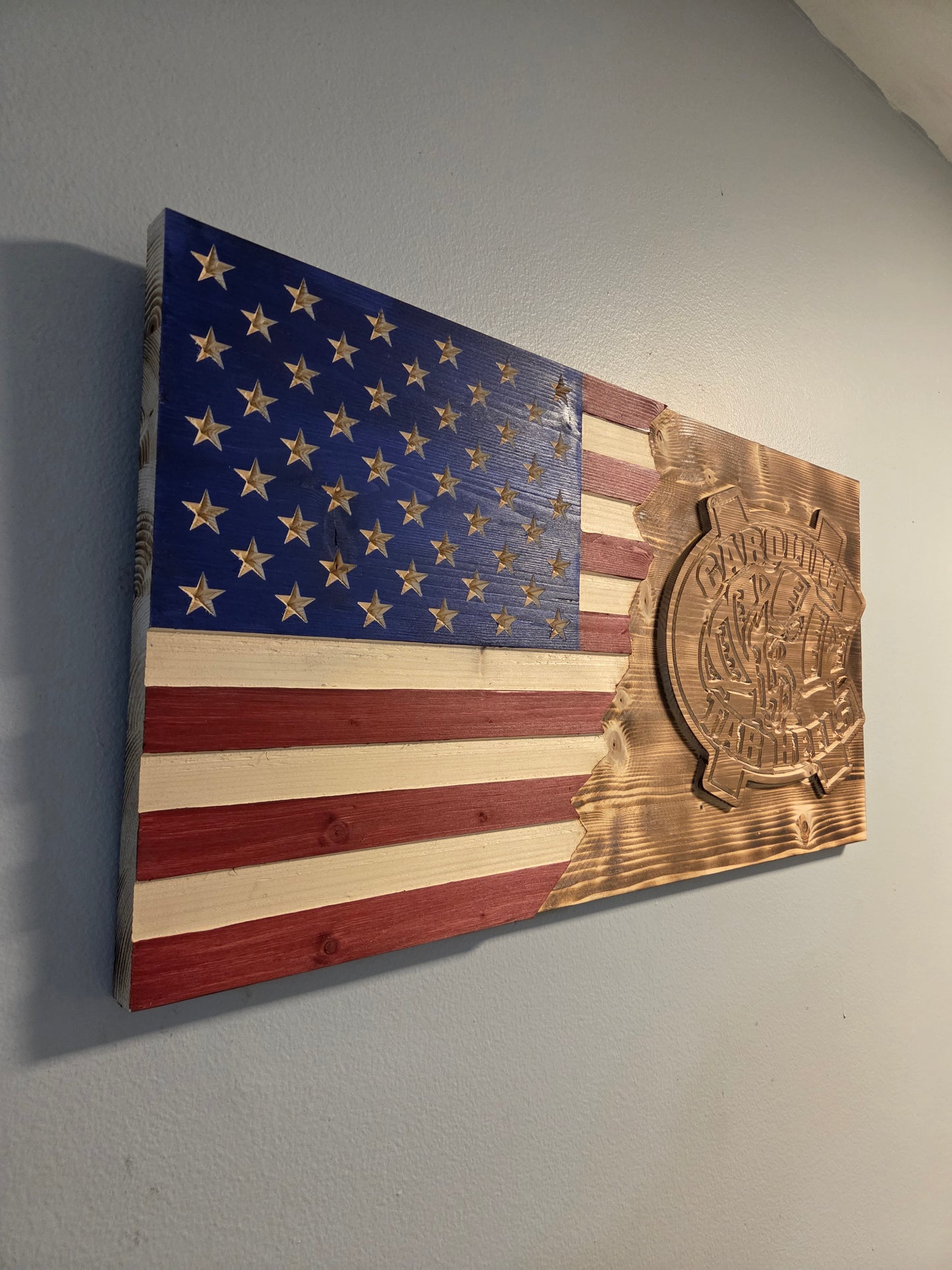 Handcrafted UNC Tar Heels Wooden American Flag - Rustic North Carolina Wall Art