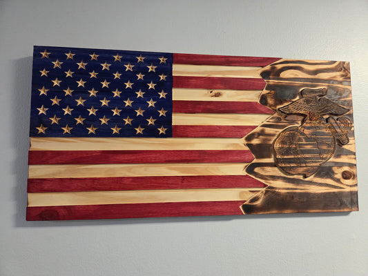 Handcrafted Rustic US Flag - Marines EGA Split Wood Art