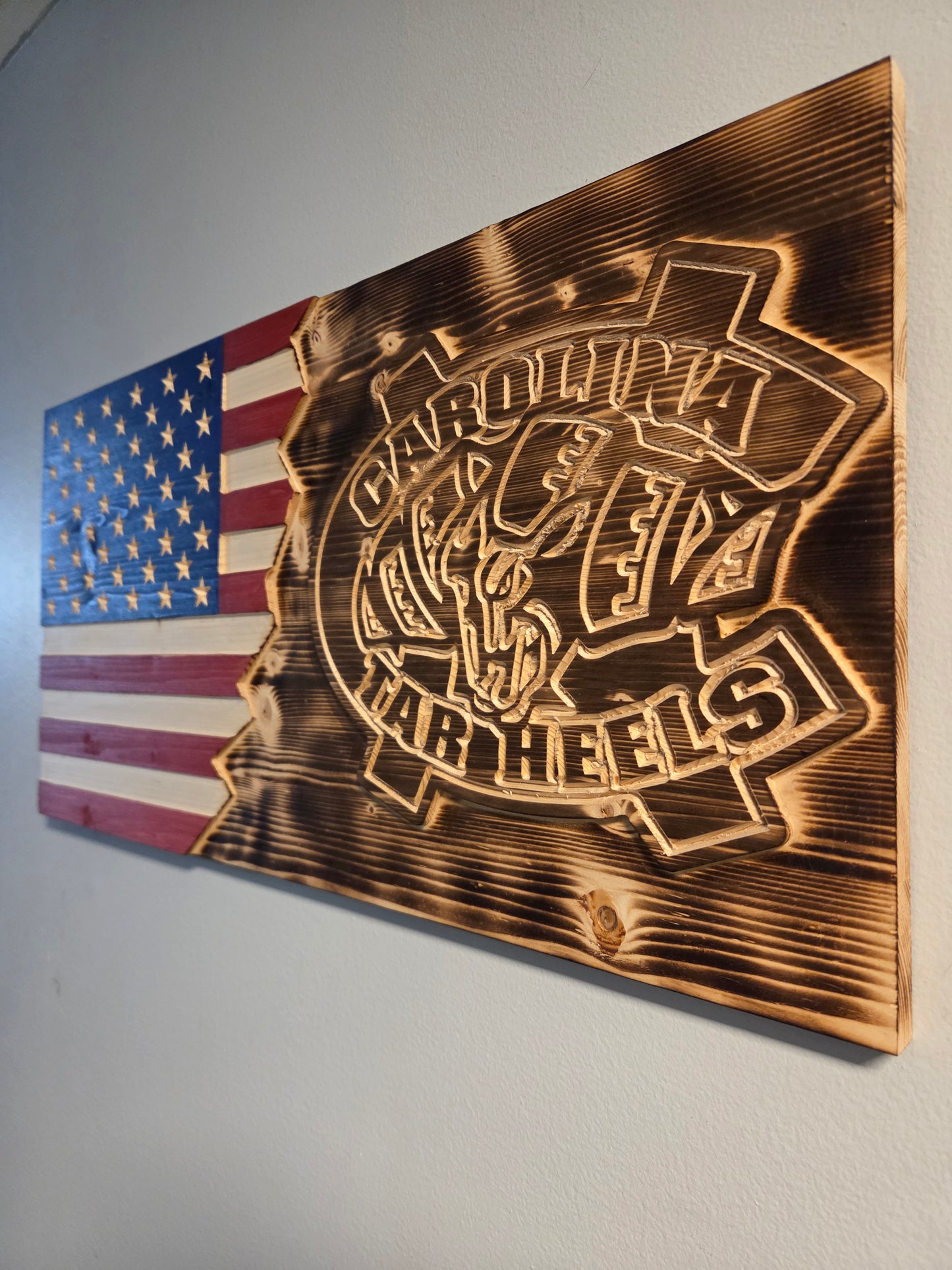 Handcrafted UNC Tar Heels Wooden American Flag - Rustic North Carolina Wall Art