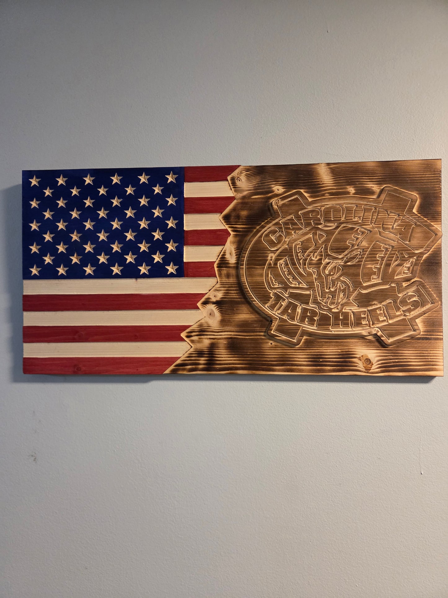 Handcrafted UNC Tar Heels Wooden American Flag - Rustic North Carolina Wall Art