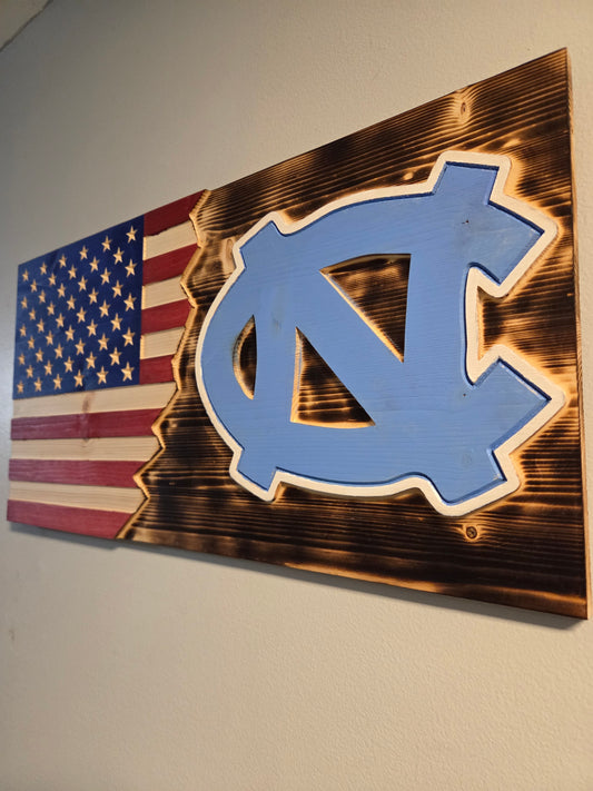 UNC Tar Heels Custom Wood American Flag - Rustic North Carolina Wall Art
