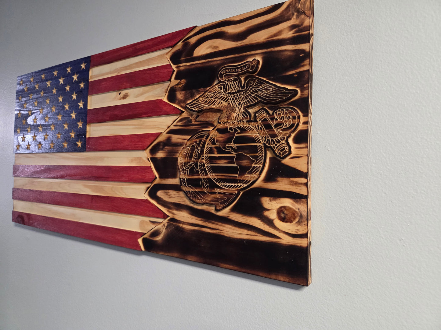 Handcrafted Rustic US Flag - Marines EGA Split Wood Art
