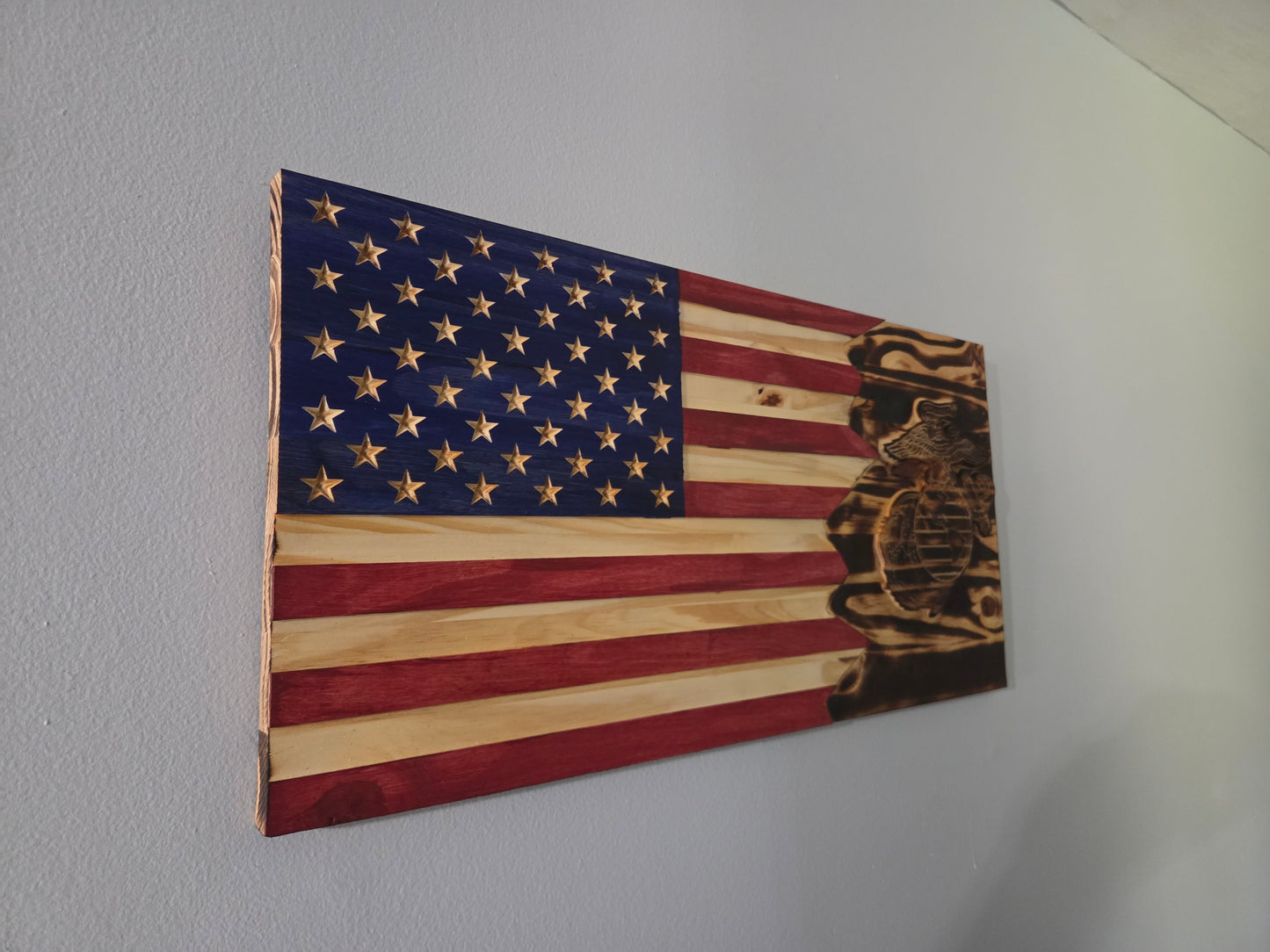 Handcrafted Rustic US Flag - Marines EGA Split Wood Art